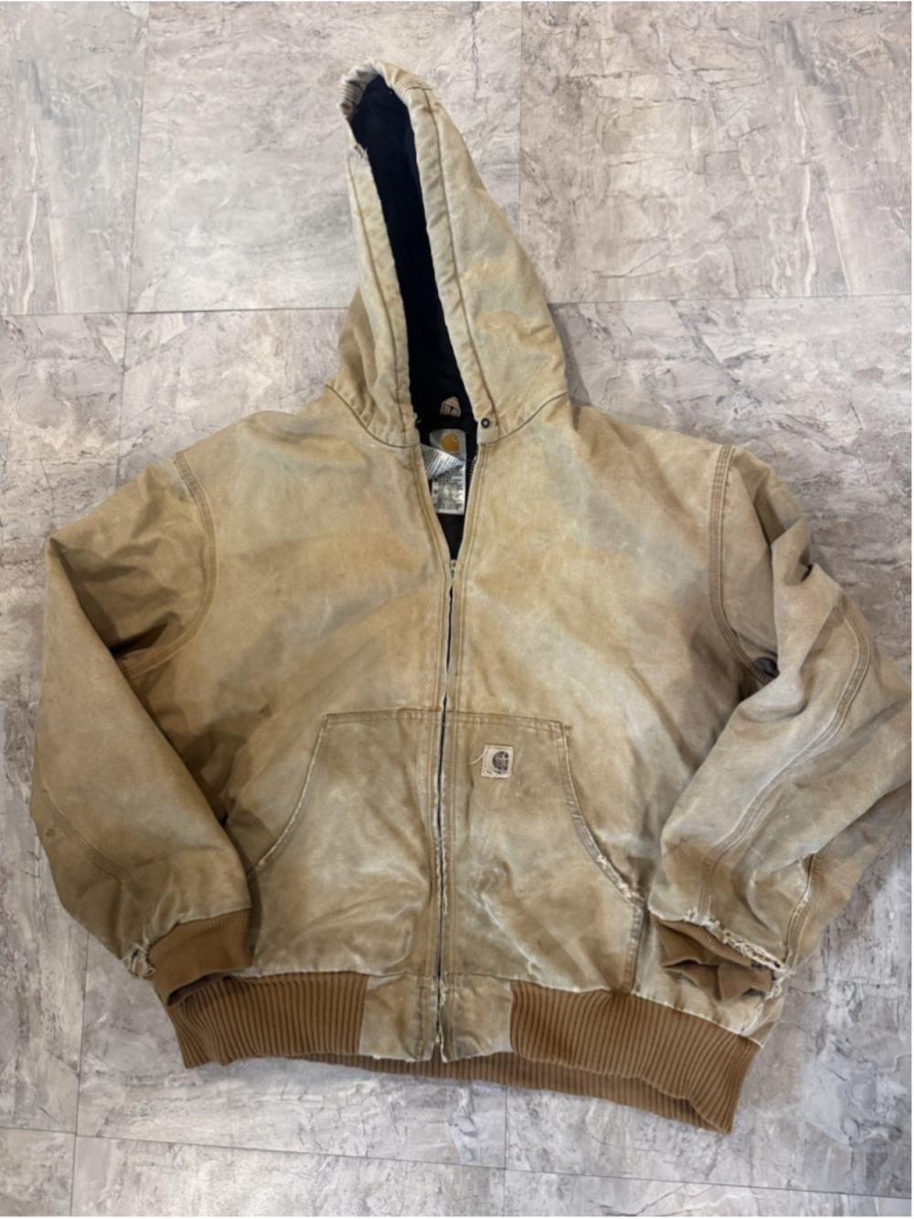 VTG Carhartt Jacket 2XL Brown Duck Canvas Quilted Hooded Trashed No Zipper Pull